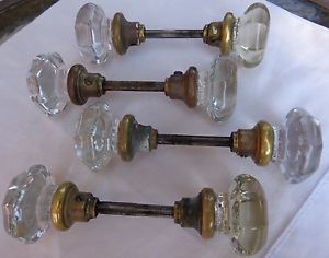 8 Antique Vintage Glass Brass Door Knobs 8 Sided Octagonal Yellow Clear Nice
