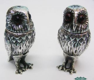 Magnificent Novelty English Sterling Silver Owls Salt Pepper Shakers