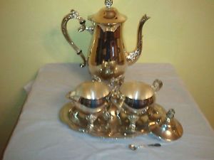 Silver Plated E P Brass 6 PC Coffee Tea Set Tea Pot Sugar Creamer Spoon Plate