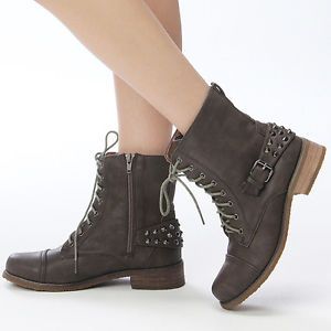 Womens Khaki Brown Studded Buckle Zip Ankle Combat Boots Ladies Fashion Shoes