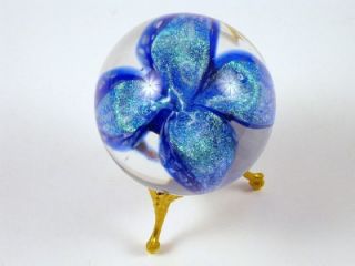 Vintage Murano Art Glass Blue Glitter Flower Globe Italy Paperweight w Stand