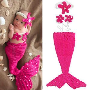 Baby Newborn 12M Infant Knit Crochet Rose Mermaid Costume Photo Prop Outfits A
