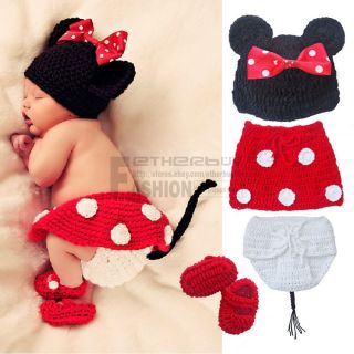 Handmade 4pc Crochet Baby Costume Infant Knit Minnie Mouse Photo Props Sz 0 12M