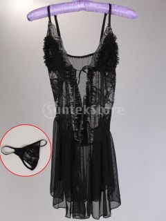 Hot Sexy Black Women Lace Lingerie Dress Set Sheer Sleepwear Babydoll w Thong