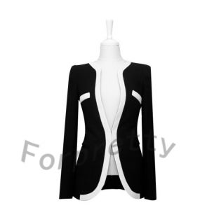 Women Black and White Colors OL Career Slim Suit Blazer Jacket