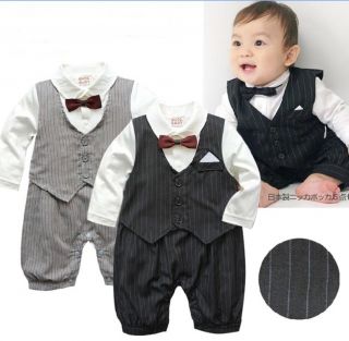 Baby Boy Wedding Tuxedo Suit Stripe Bowtie Romper Onepiece Bodysuit Outfit 3 18M