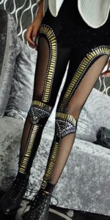 Punk Mesh Studded Sequins Bullet Rivet Paneled Tight Pants Legging Trousers XL