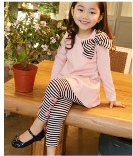 Hoe Baby Toddler Girls Clothes Striped Bow Shirt Leggings Kids Sets Suits 2pcs