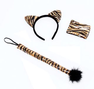Black Gold Sequin Tiger Fancy Dress Costume Headband Ears Tail Cuffs Set