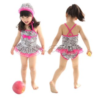 Girl Kid Zebra Swimsuit Swimwear Pink Tutu Swimming Costume Bathing Suit Sz 3 7
