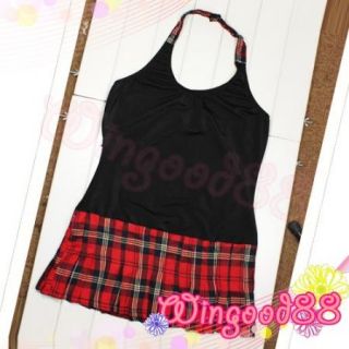 Women Sexy School Girl Black Red Plaid Mini Dress Lingerie Club Wear Costume