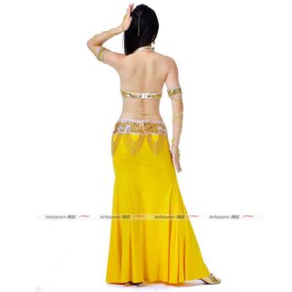 Gold Yellow Professional Belly Dance Costumes Outfit Set 3pcs Bra Belt Skirt
