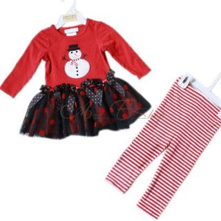 Christmas Snowman Girl Baby Red Top Tutu Dress Stripe Leggings 2pcs Outfit 3M 6Y