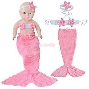 Little Mermaid Costume Newborn Baby Girls Outfits Crochet Knit Tail Photo Props
