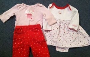 Lot of 3 Valentine's Clothes Baby Girl 3 6 6 9 Month Onesie Pants Dress