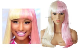 Nicki Minaj Half Baby Pink & Blonde Wig Bangs Costume Cosplay Harajuku