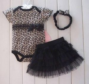 T047 Baby Clothes Leopard Print Romper Princess Dress Hair Band Set Romper US