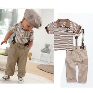 Baby Boy Toddler Clothes Strip Tops Pants Braces 3pcs Gentleman Outfit Set 9 18M