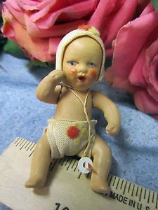 Antique Germany Miniature Baby Doll Bisque Jointed Original Clothes Pacifier 3"