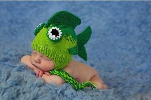 Cute Baby Infant Fish Hat Knitted Green Costume Photo Photography Prop Newborn
