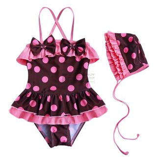 Girl Baby Kids Halter Polka Dot Bow Swimwear Swimsuit Swimming Costume Hat 2 6