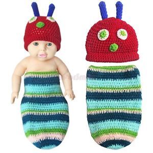 2pcs Newborn Babys Infant Crochet Knit Caterpillar Costume Outfit Photo Sz 0 12M