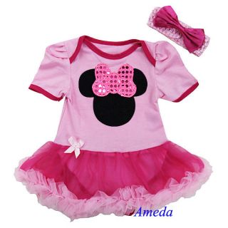 Baby Hot Light Pink Minnie Mouse Pettiskirt Bodysuit Tutu Party Dress 12 18M