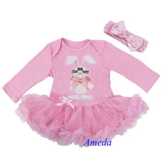 Easter Baby White Bunny Pink Bodysuit Pettiskirt Jumpsuit Romper Tutu 12 18M