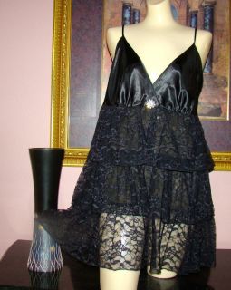 Vtg Black Silkiest Satin Lace Baby Doll Nightie Nightgown Size 14 16 Bust 44"