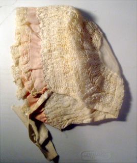 Antique Vintage Baby Hat Child Doll Clothing Silk Lace Pink Cream
