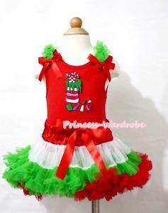 Red White Green Baby Pettiskirt Skirt Dress Red Top Xmas Sock Print Set NB 8Y
