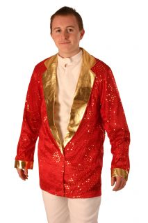 Adults Mens 70s Disco Red Gold Sequin Jacket Elvis Fancy Dress Costume