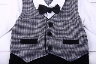 Baby Boy Wedding Check Tuxedo Suit Bowtie Romper Onepiece Bodysuit Outfit 3 18M