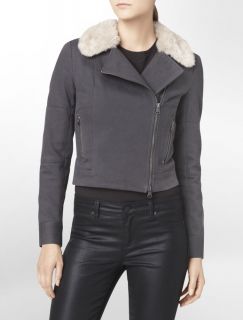 Calvin Klein Asymmetrical Zip Faux Fur Trim Jacket Womens