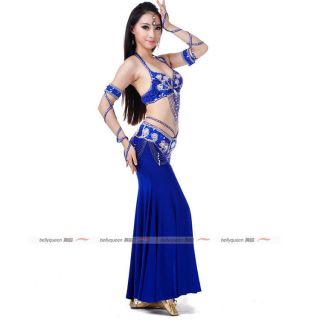 Blues Professional Belly Dance Costumes Dancing Outfit Set 3Pics Bra Belt Skirt