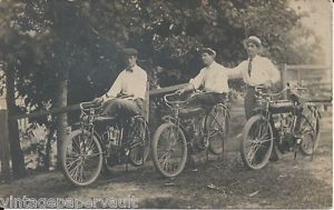 1911 Indian 500cc Belt Drive Three Bikes on Vintage Real Photo Postcard Unused