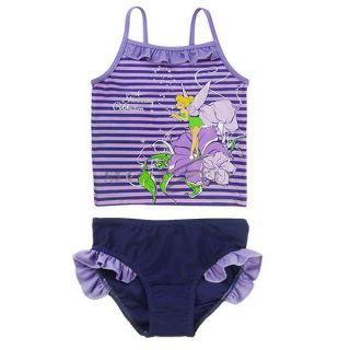 Girls Tinkerbell Stripe Swimwear Kids Swimming Costume 2pc Bathing Suit Sz 3 10