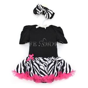2pc Baby Girls Romper Dress Black Zebra Outfit Jumpsuit Clothes Headband Sz 0 3M
