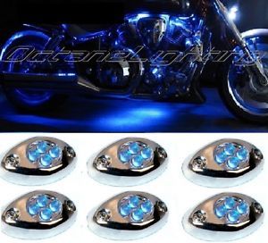 6pc Blue LED Chrome Modules Motorcycle Chopper Frame Neon Glow Lights Pods Kit