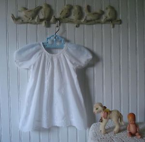 Antique Vintage Baby Child Doll Clothes Embroidered Smocked White Cotton Dress