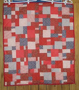Red White and Blue Floral Handmade Baby Quilt 36" x 42"