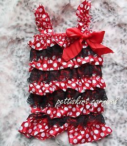 Newborn Baby Girls Minnie Mouse Red Polka Dots Black Lace Romper Rompers NB 3Y