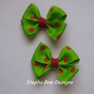 Lot 2 Grinch Green Red Polka Dots Pigtail Cute Hair Bow Set Clip or Barrette
