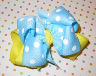 Light Yellow Blue Dots Boutique Hair Bow Girls Big Double Layer Hairbow Baby