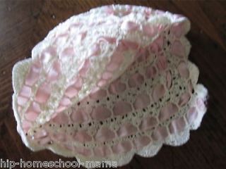 Vintage Pink Ribbon Lace Crochet Baby Bonnet Newborn Hat Christening VG
