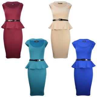 Smart Office Party Dress Belted Peplum Long MIDI Blue Womens Ladies UK Size 8 16