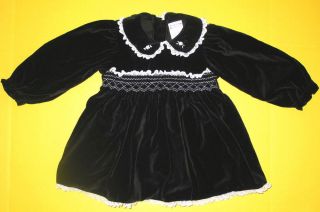 Girl's Sz 24 M Black Velvet Smocked White Lace Portrait Dress Event Classic