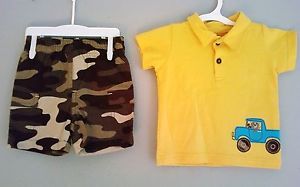 Carters Outfit Baby Infant Boys 2 Piece Set Yellow Shirt Truck Bear Camo Shorts