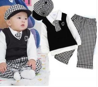 Baby Boy Fall Tuxedo Preppy School Outfits Shirt Pants Vest Hat Necktie 5pcs
