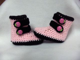 Crochet Baby Booties Shoes Handmade 0 3 Months Pink Black Ladybug Straps